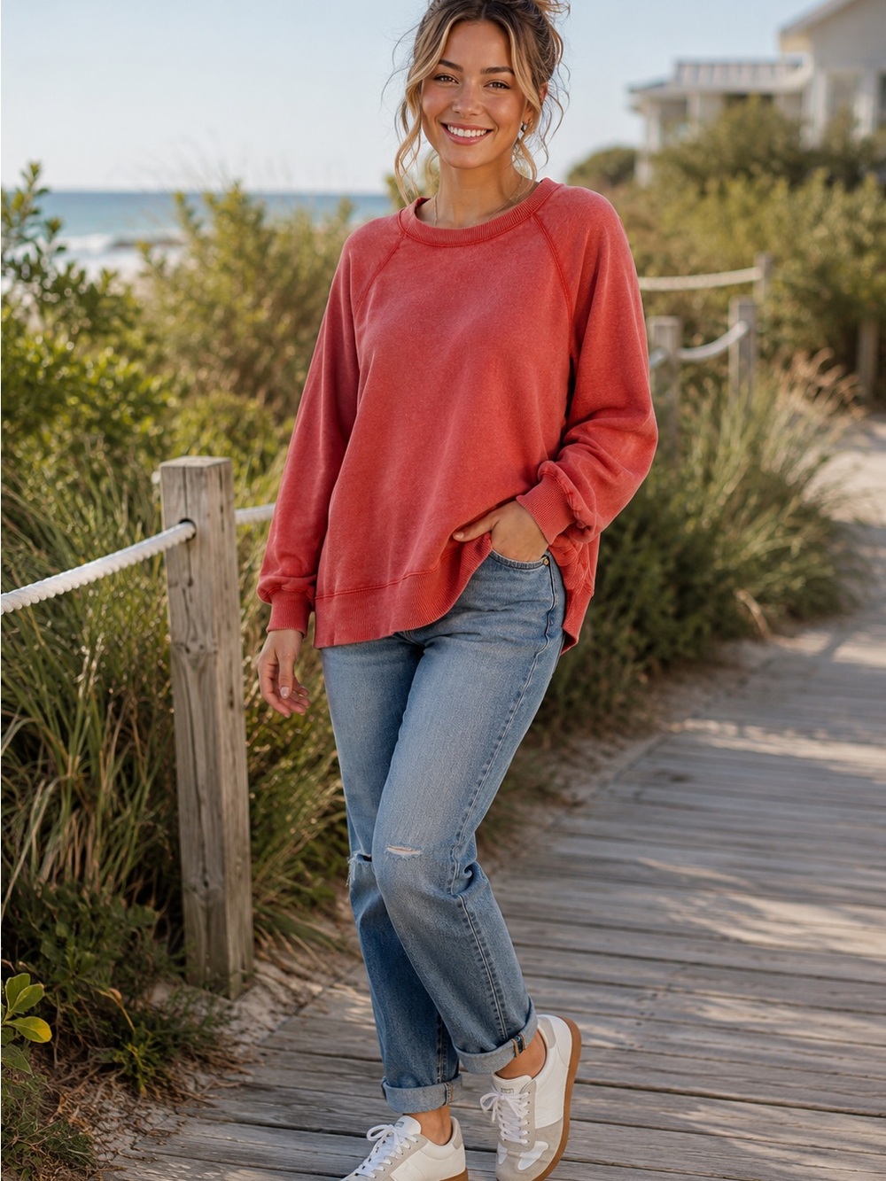 Coral Oversized French Terry Sweatshirt High Low Hem Lounge Life Small